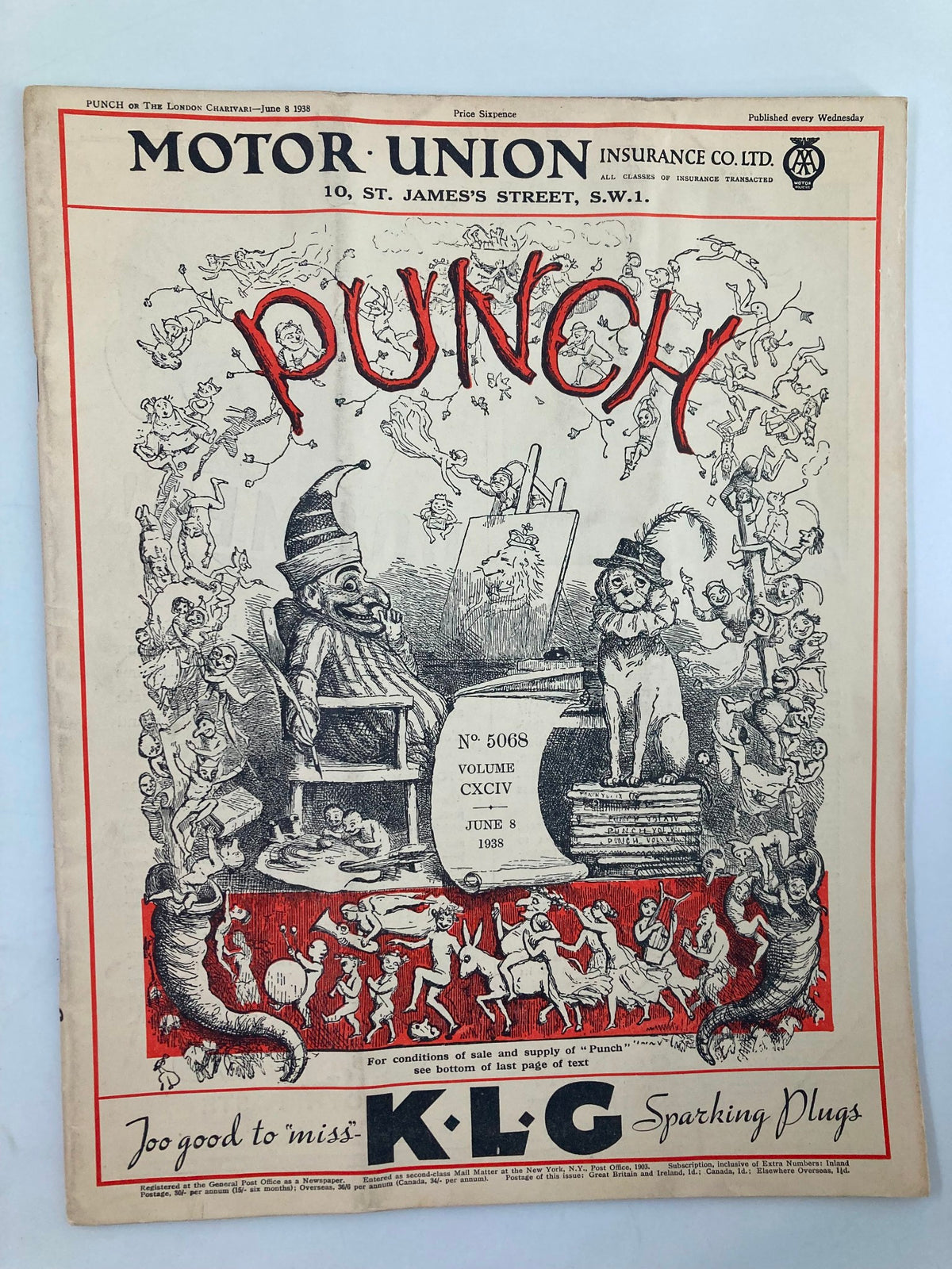 VTG Punch Magazine June 8 1938 #5068 Volume 194 featuring historical cartoons and humor related to World War II on its cover.