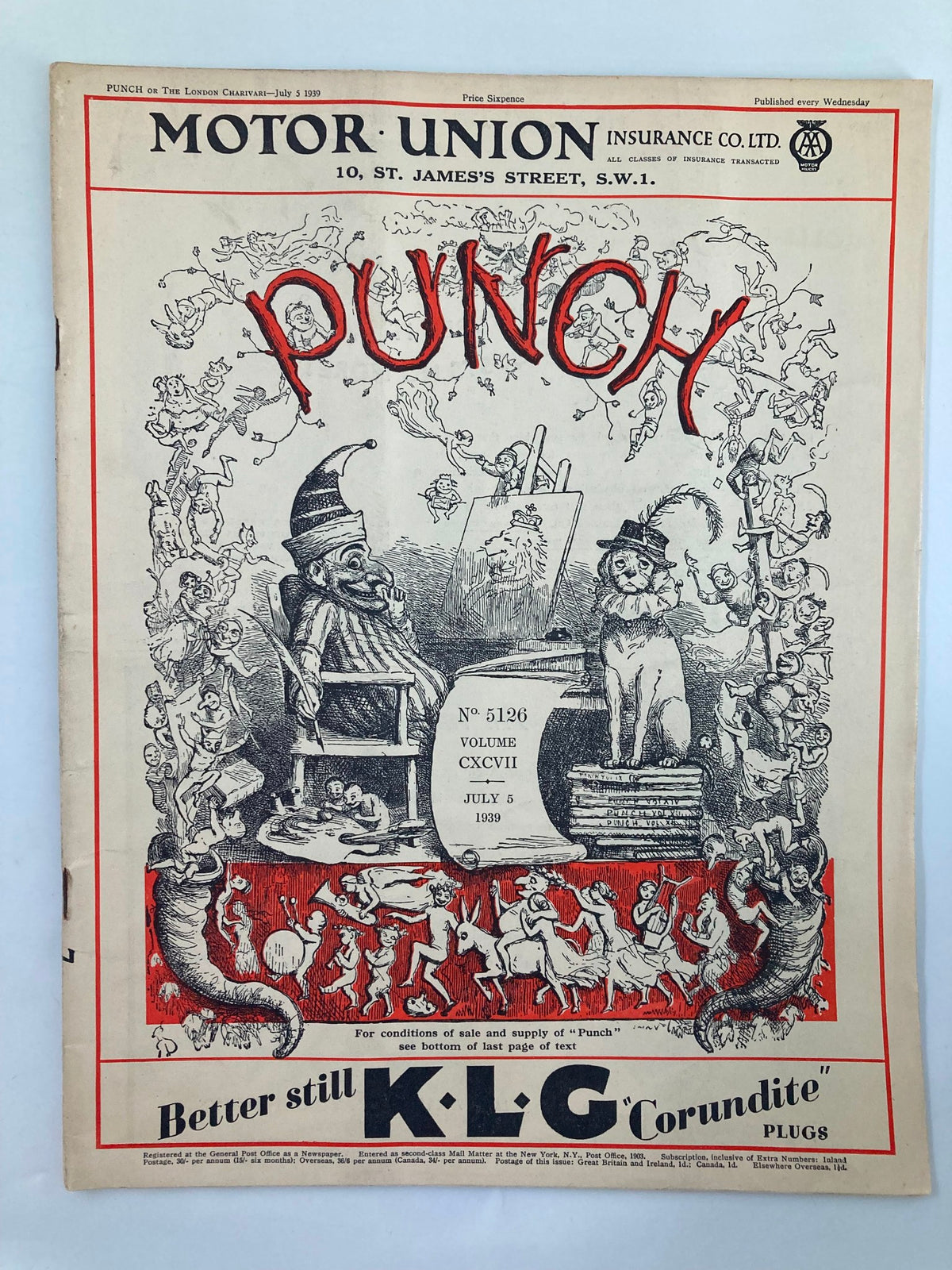 Cover of the VTG Punch Magazine dated July 5, 1939, issue number 5126, featuring humorous WWII-themed illustrations and cartoons, perfect for collectors of vintage publications.