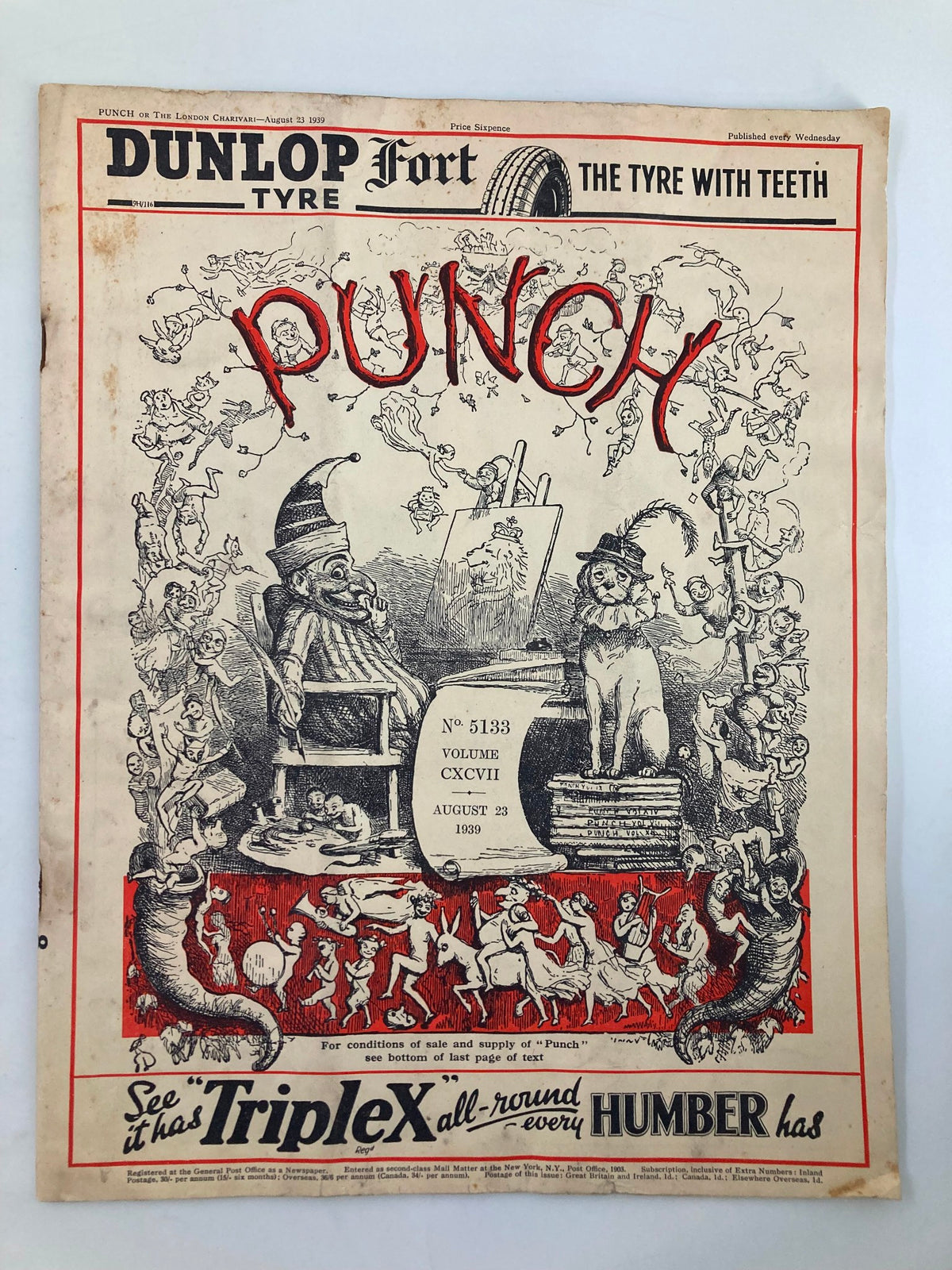 VTG Punch Magazine August 23 1939 Cover featuring whimsical cartoons and humor, showcasing issue number 5133 from Volume 197.