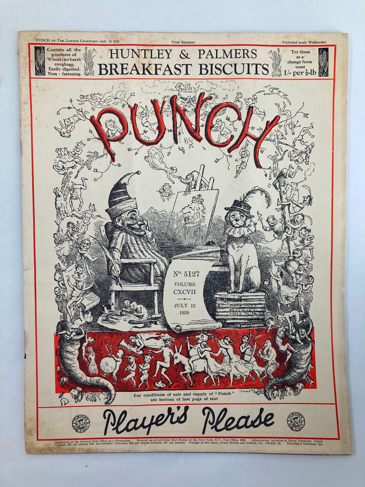 VTG Punch Magazine July 12 1939 featuring whimsical illustrations and vintage humor from World War II era, Issue #5127, Volume 197, highlighting cultural satire.