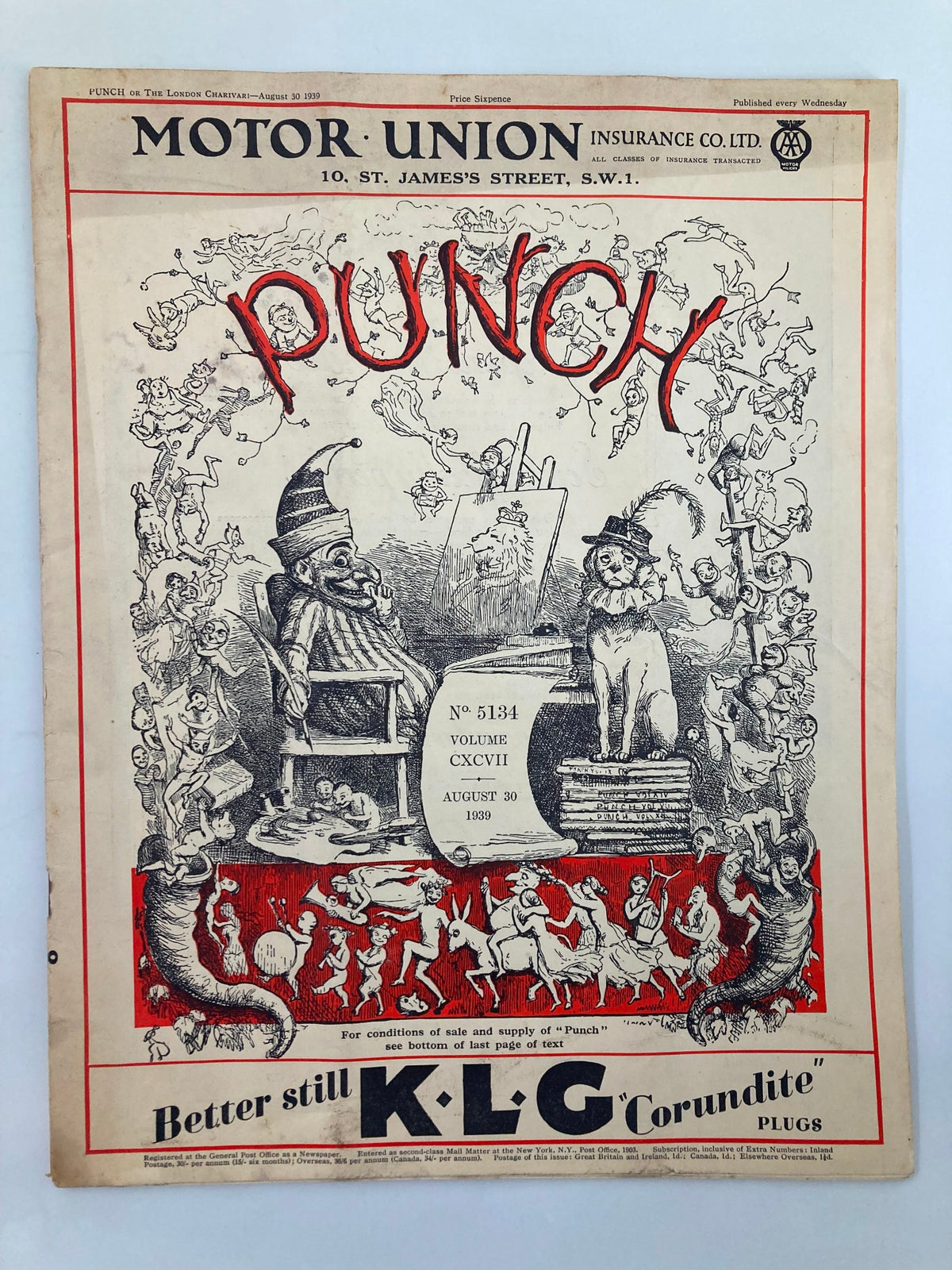 Cover of VTG Punch Magazine August 30 1939 #5134, featuring humorous illustrations and the iconic Punch title.