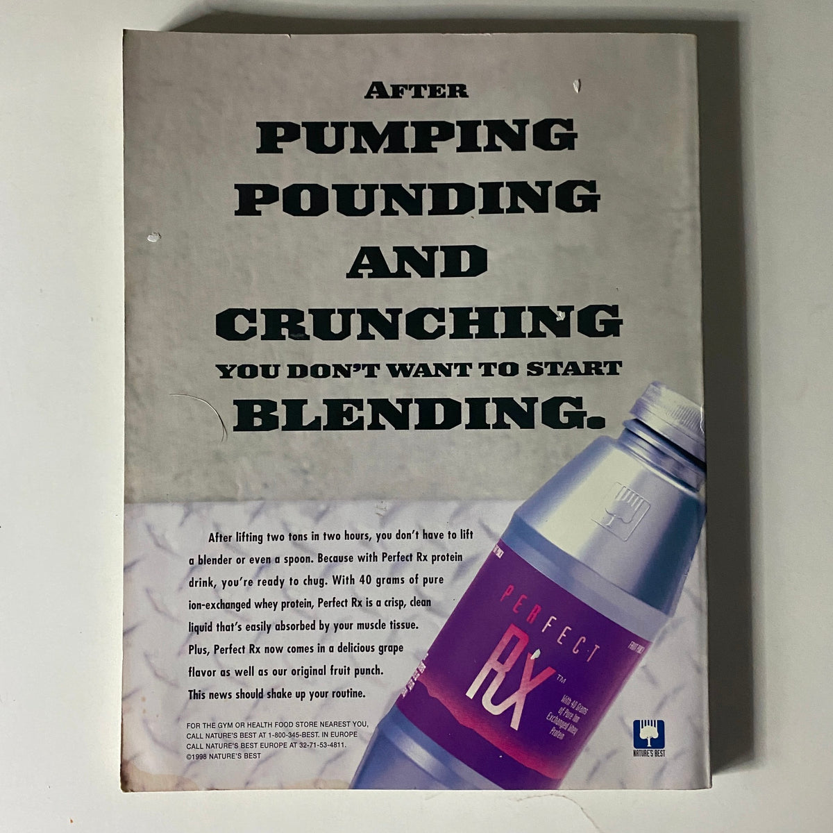 Back cover of Muscle & Fitness Magazine August 1998, displaying an advertisement for Perfect RX protein drink.