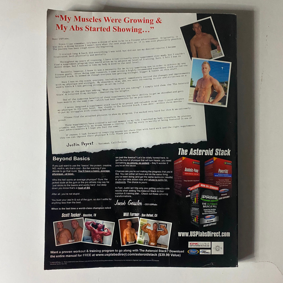 Back cover of the October 2009 issue of Muscular Development Magazine featuring a testimonial and advertisement for bodybuilding supplements, additionally showcasing insights relevant to fitness enthusiasts.