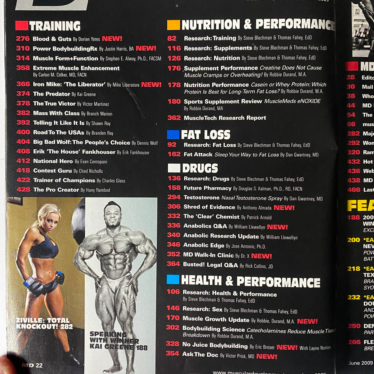 Contents page of Muscular Development Magazine June 2009, detailing articles on training, nutrition, and fat loss, featuring contributions from fitness experts.