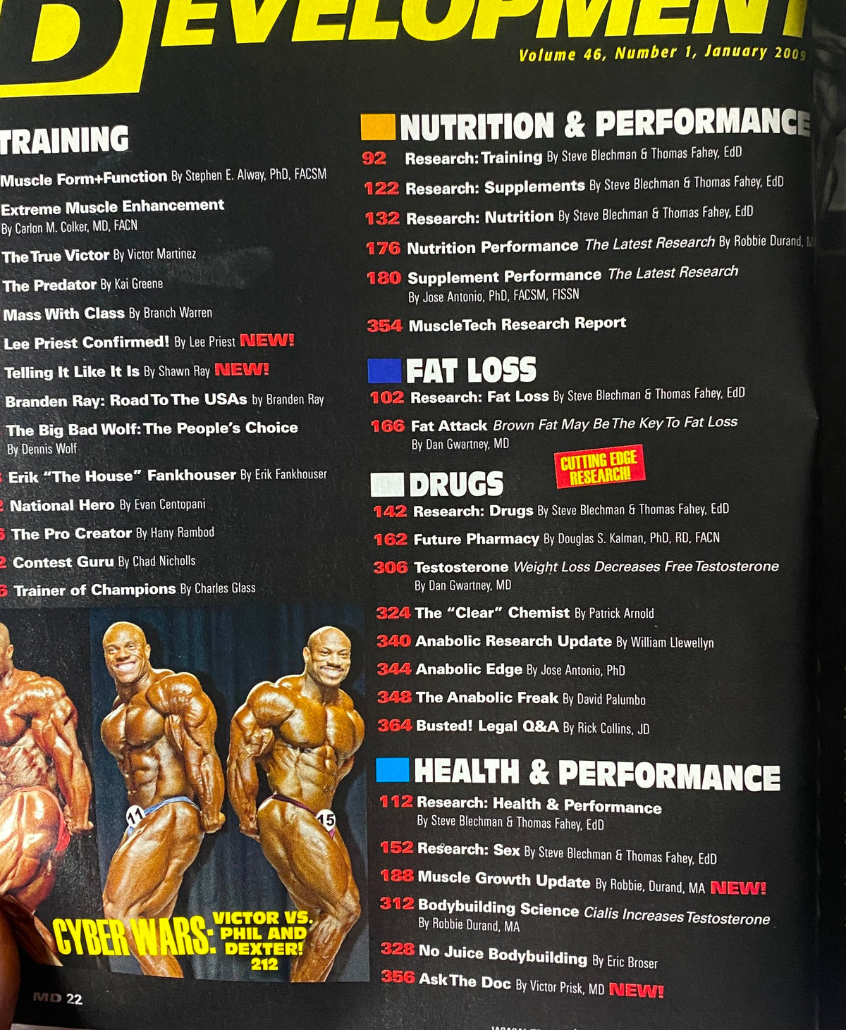 Inside page of Muscular Development Magazine January 2009 displaying article titles focused on bodybuilding training, nutrition, fat loss, and health insights.
