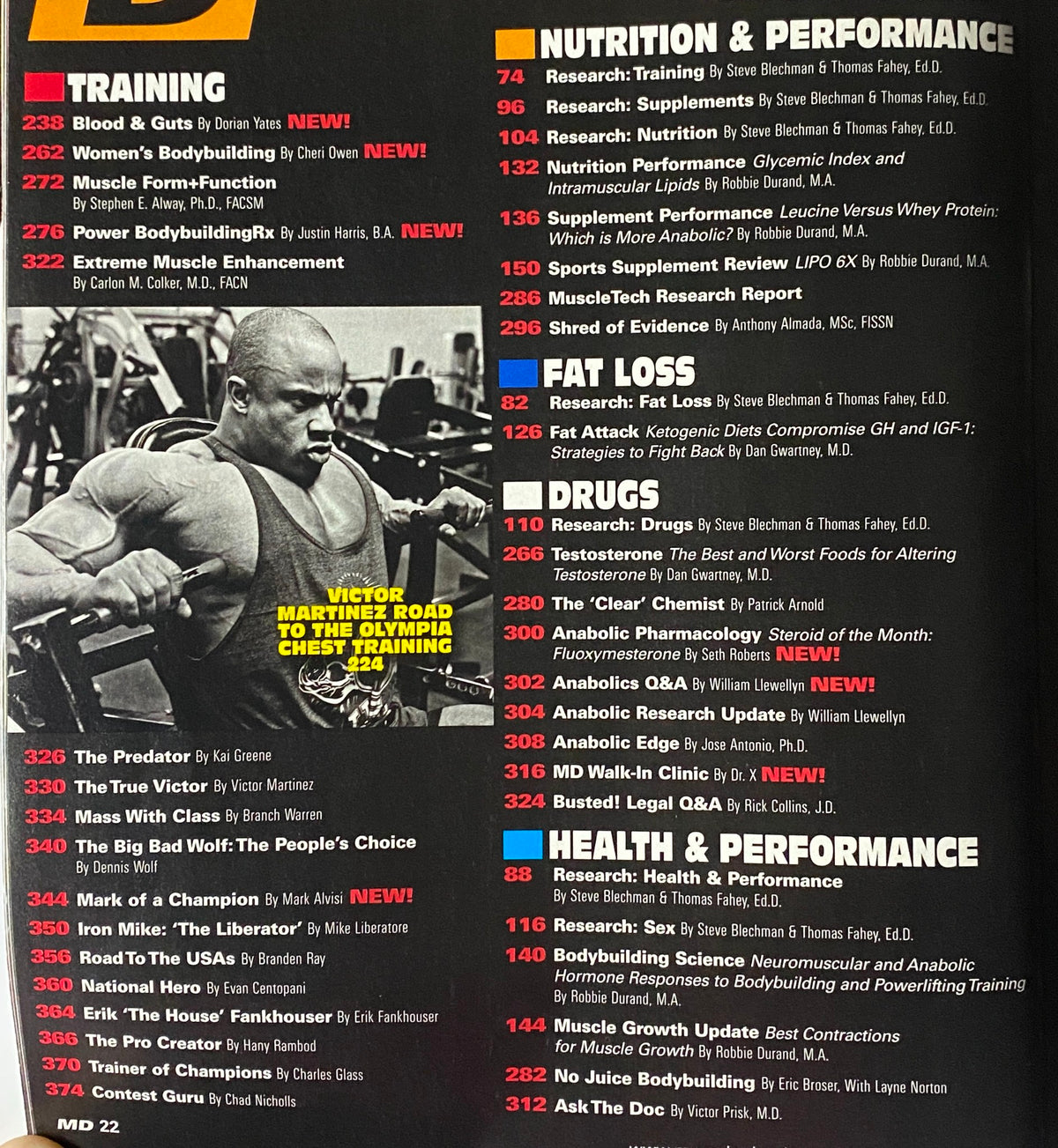 Inside page of Muscular Development Magazine August 2009 Vol 46, Num 8 featuring Victor Martinez showcasing bodybuilding training articles and nutrition performance tips.