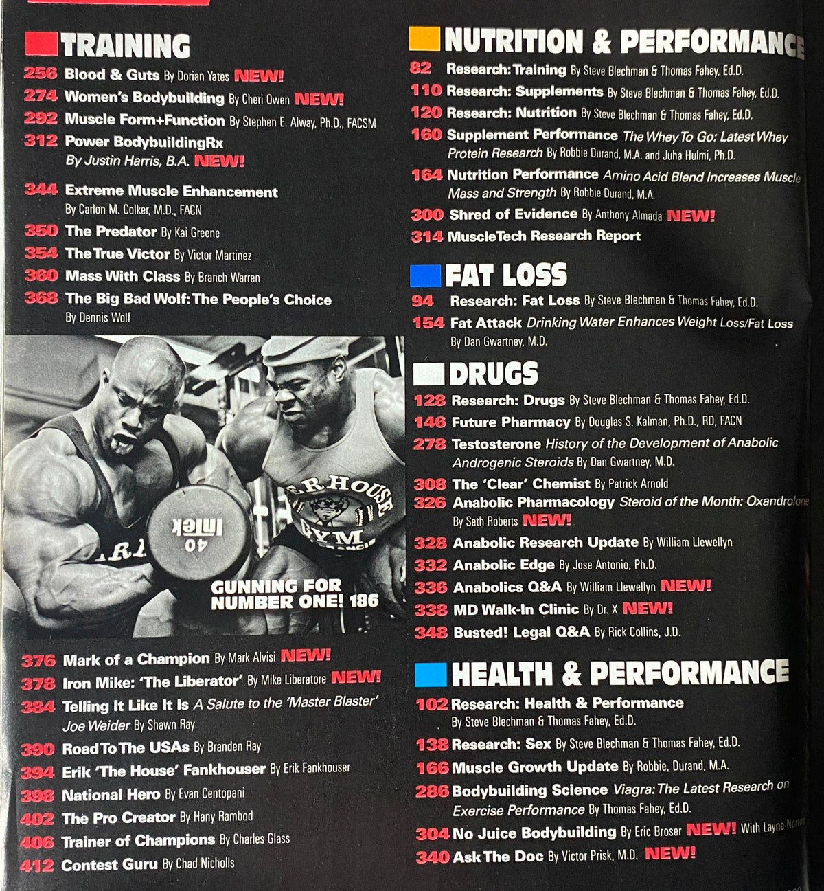 Table of contents from Muscular Development Magazine July 2009 Vol 46, Num 7, listing features on training, nutrition, performance, and articles by renowned bodybuilders including Dorian Yates.
