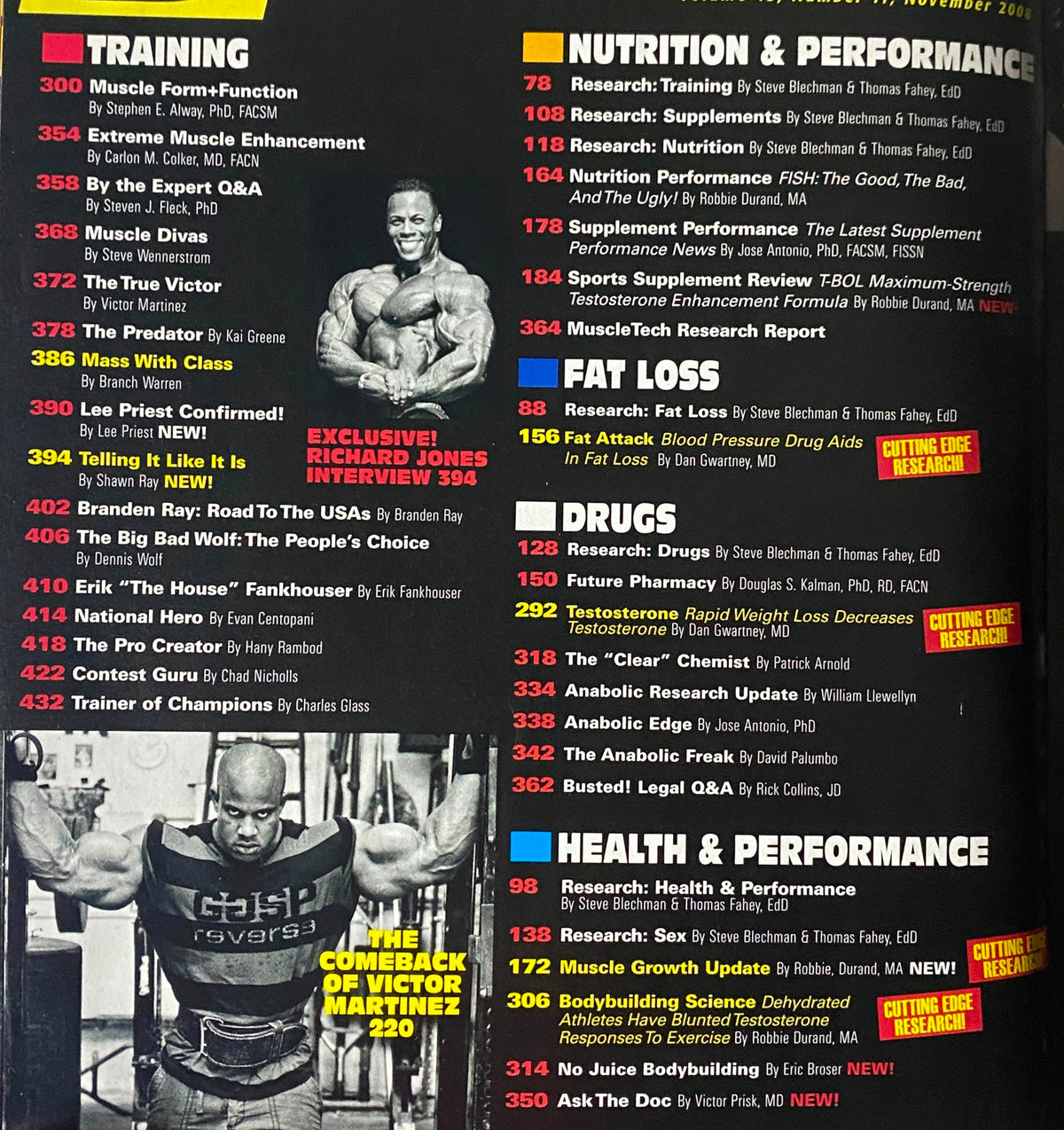Table of contents page from Muscular Development Magazine November 2008, detailing sections on training, nutrition, fat loss, and performance.