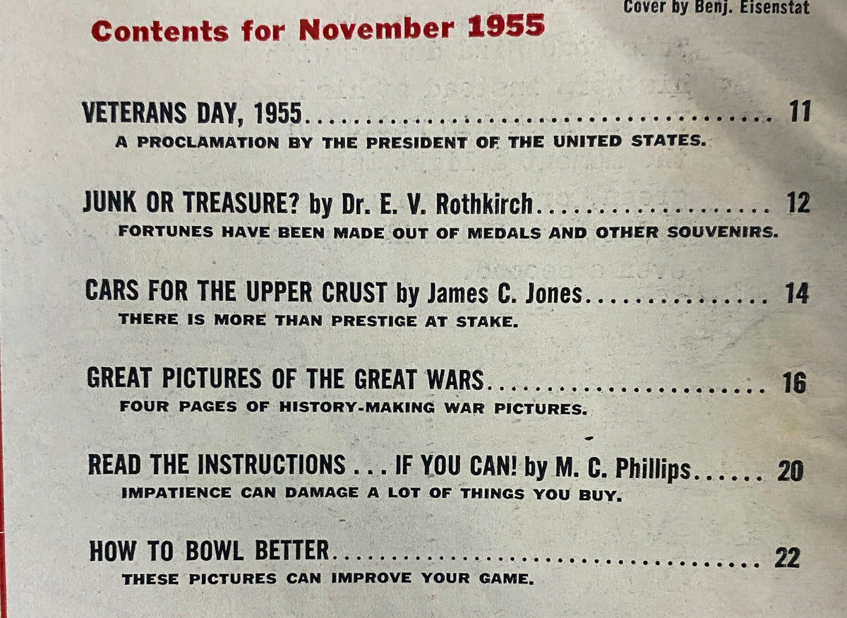Table of contents from The American Legion Magazine, November 1955, listing articles including 'Veterans Day, 1955,' 'Great Pictures of the Great Wars,' and others.