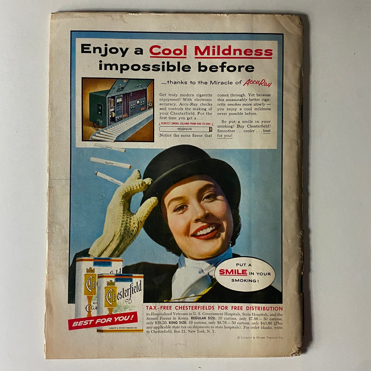 Vintage advertisement from The American Legion Magazine, November 1955, promoting Chesterfield cigarettes with a smiling woman in a hat and gloves, showcasing the tagline 'Enjoy a Cool Mildness impossible before.'