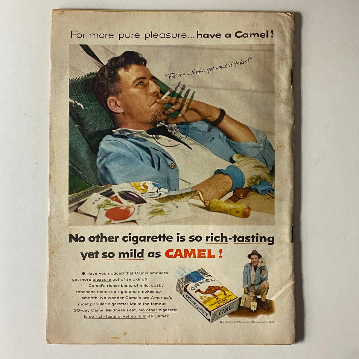 Vintage advertisement for Camel cigarettes from The American Legion Magazine, June 1955 issue titled 'The American Legion Magazine June 1955 Circus Day, U.S.A. Cover', showcasing a man enjoying a cigarette.