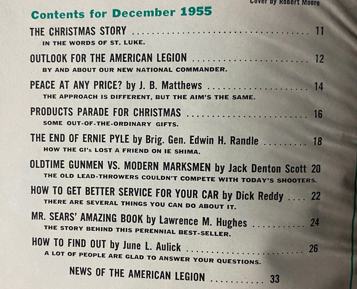 Contents page of The American Legion Magazine December 1955 featuring articles like 'The Christmas Story,' 'The End of Ernie Pyle,' and 'Oldtime Gunmen vs. Modern Marksmen.' This issue explores significant themes and cultural insights reflecting 1950s America.
