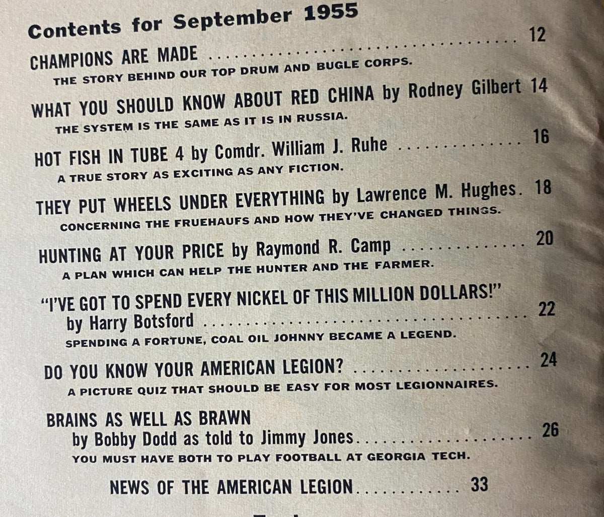 Table of contents from The American Legion Magazine September 1955, detailing articles about military and cultural issues, including highlights on Red China, hunting, and American Legion history.