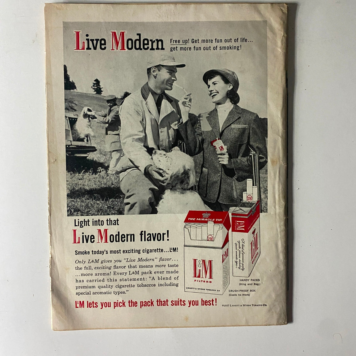 Advertisement page from The American Legion Magazine November 1957 promoting L&M cigarettes with a picture of a couple enjoying a picnic, reinforcing the era's lifestyle and product marketing.