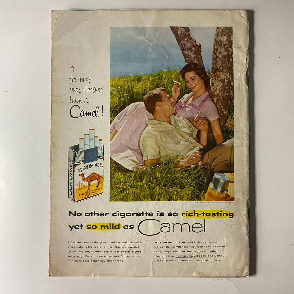 Vintage advertisement image from The American Legion Magazine August 1955 featuring a couple enjoying leisure time in a grassy area with the slogan 'for more pure pleasure, have a Camel!' and a pack of Camel cigarettes displayed.