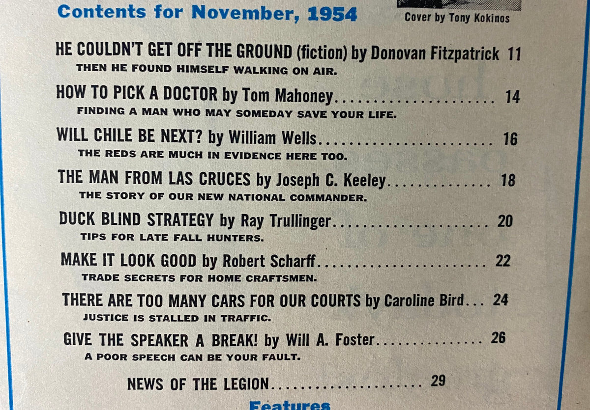 Table of contents page for The American Legion Magazine, November 1954, showcasing featured articles including 'He Couldn't Get Off the Ground' and 'The Man From Las Cruces'.