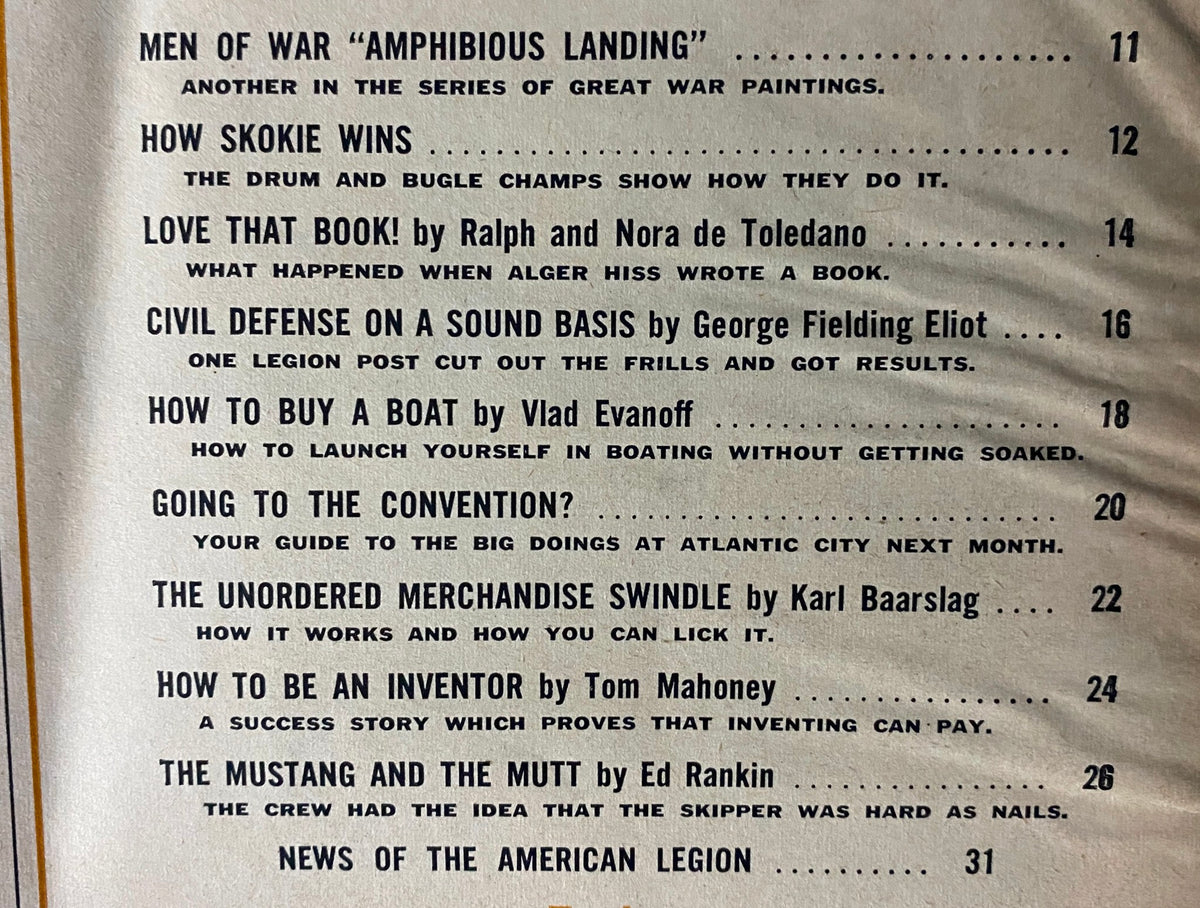 Table of contents from The American Legion Magazine August 1957 detailing key articles and topics including civil defense and amphibious landing.