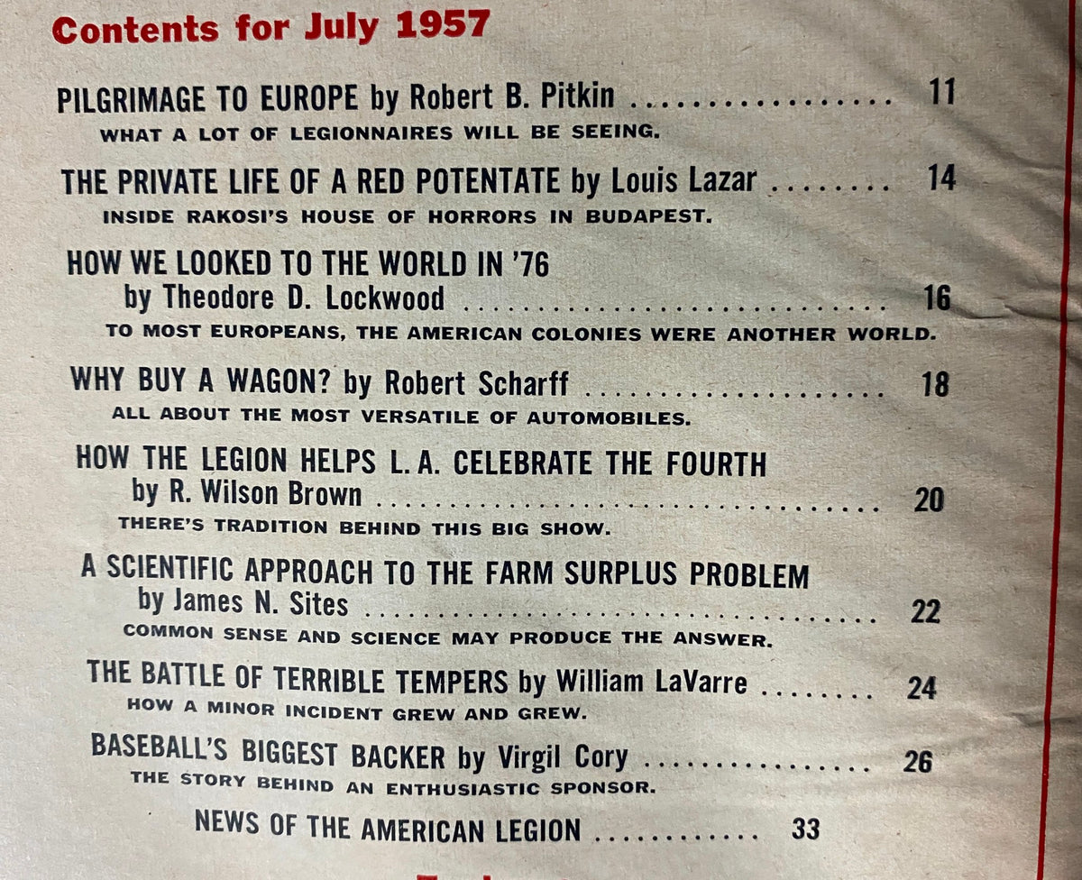 Table of contents from The American Legion Magazine, July 1957, listing featured articles including 'The Private Life of a Red Potentate', providing insights into the magazine's content focusing on historical events and cultural reflections of the time.