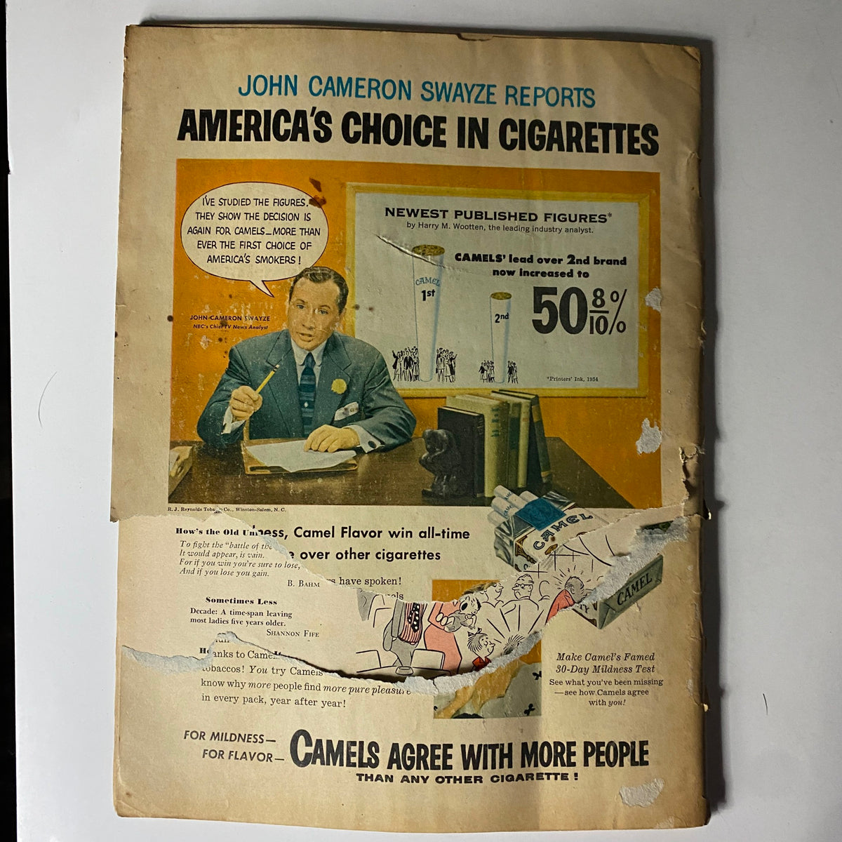 The American Legion Magazine April 1954, displaying an advertisement for Camel cigarettes featuring John Cameron Swayze, who reports on cigarette choices in America, with statistics highlighting Camel's leading market position.