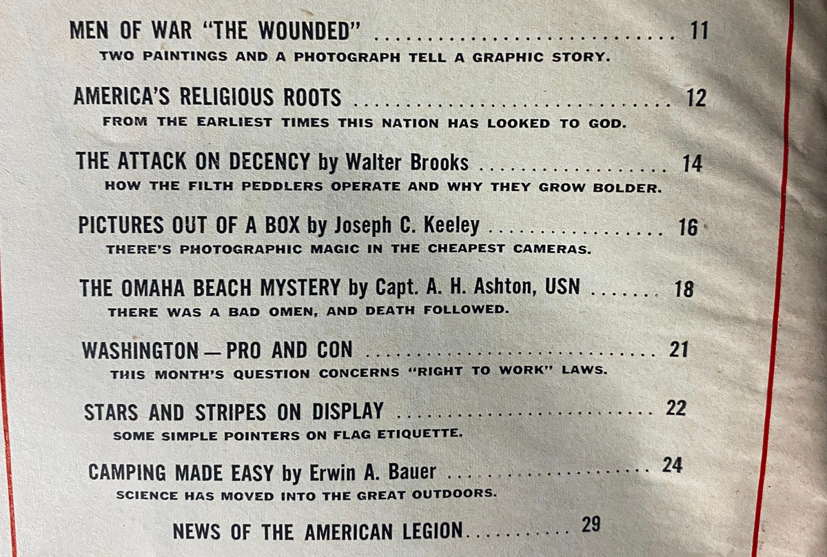 Table of contents for The American Legion Magazine June 1957, listing featured articles including 'The Attack on Decency' by Walter Brooks, 'America's Religious Roots', and others.