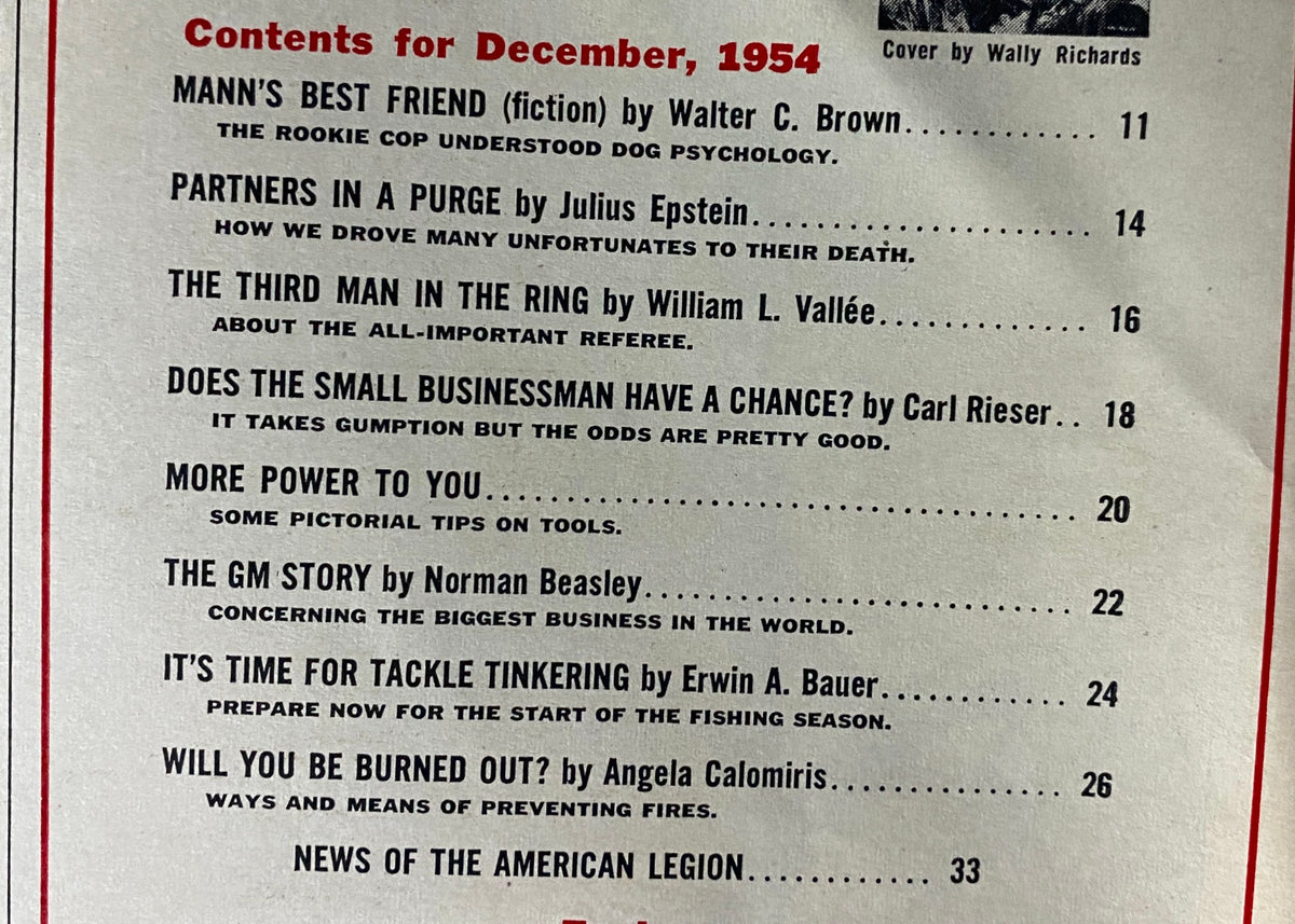 Contents page of The American Legion Magazine December 1954, listing featured articles including 'Mann’s Best Friend', 'The Third Man in the Ring', and 'Does the Small Businessman Have a Chance?'