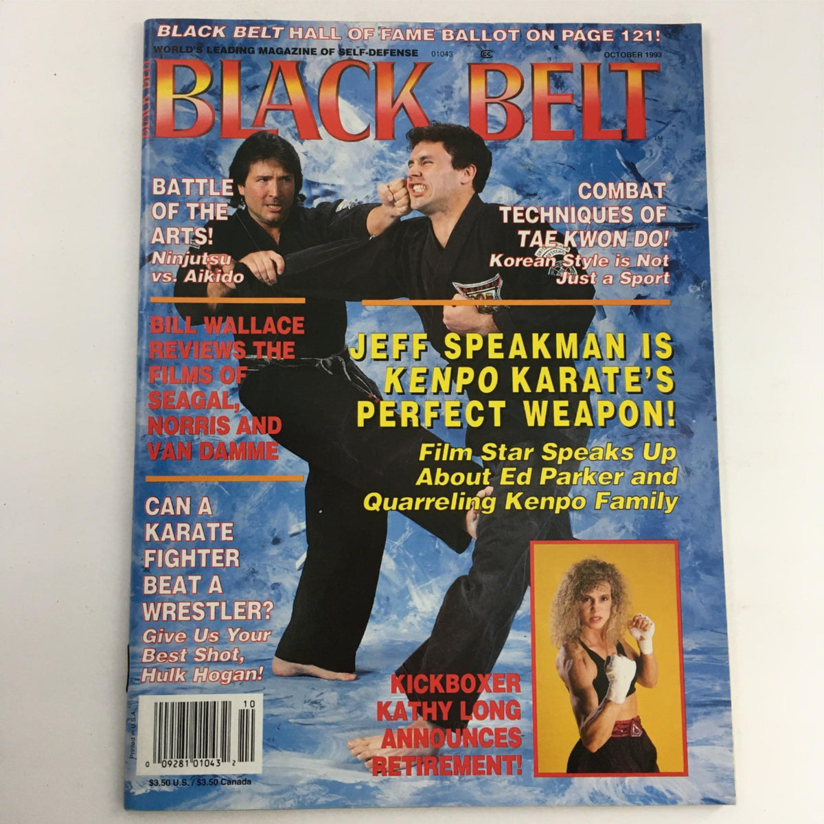 Cover of Black Belt Magazine October 1993 featuring Jeff Speakman and Kathy Long, highlighting martial arts themes with articles on Aikido, Ninjutsu, and Kenpo Karate.