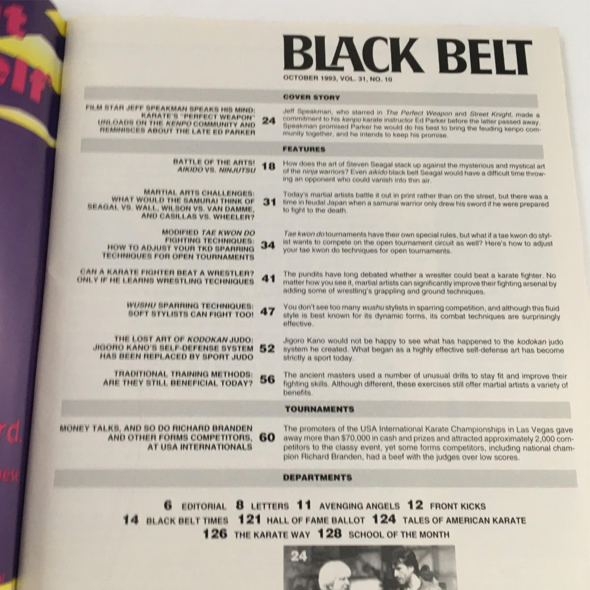 Inside page of Black Belt Magazine October 1993, showcasing the table of contents including articles on martial arts techniques and challenges.