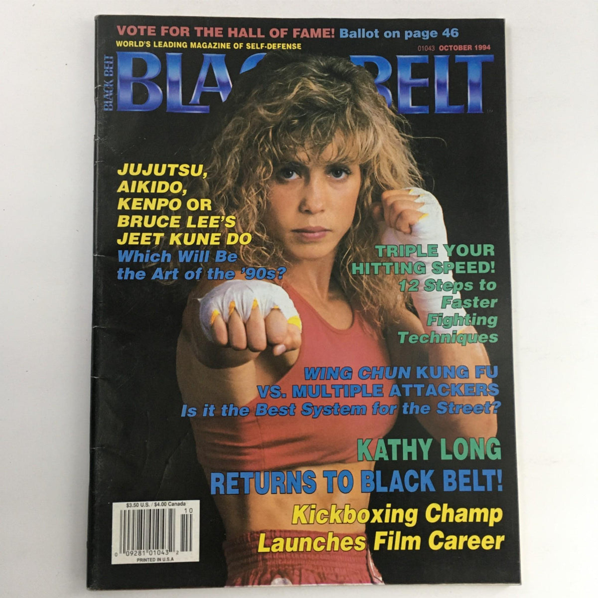 Cover of Black Belt Magazine October 1994 featuring renowned martial artist Kathy Long, with headlines discussing martial arts disciplines like Wing Chun, Aikido, and JuJutsu, as well as an article on increasing hitting speed.