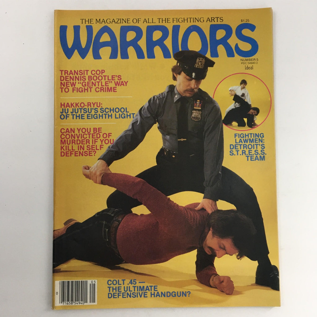Cover of Warriors Magazine Number 5 from June 1980, featuring police and martial arts themes. Highlights include articles on self-defense, crime prevention, and Ju Jutsu techniques.