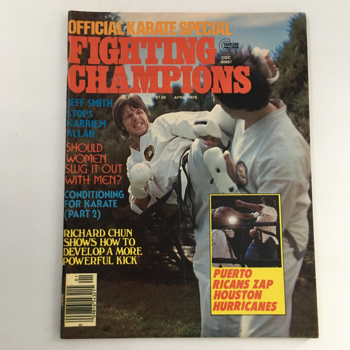 Cover of Official Karate Special Magazine Fighting Champions April 1976 Vol 3, featuring martial arts action, with articles on Jeff Smith and Karriem Allah.