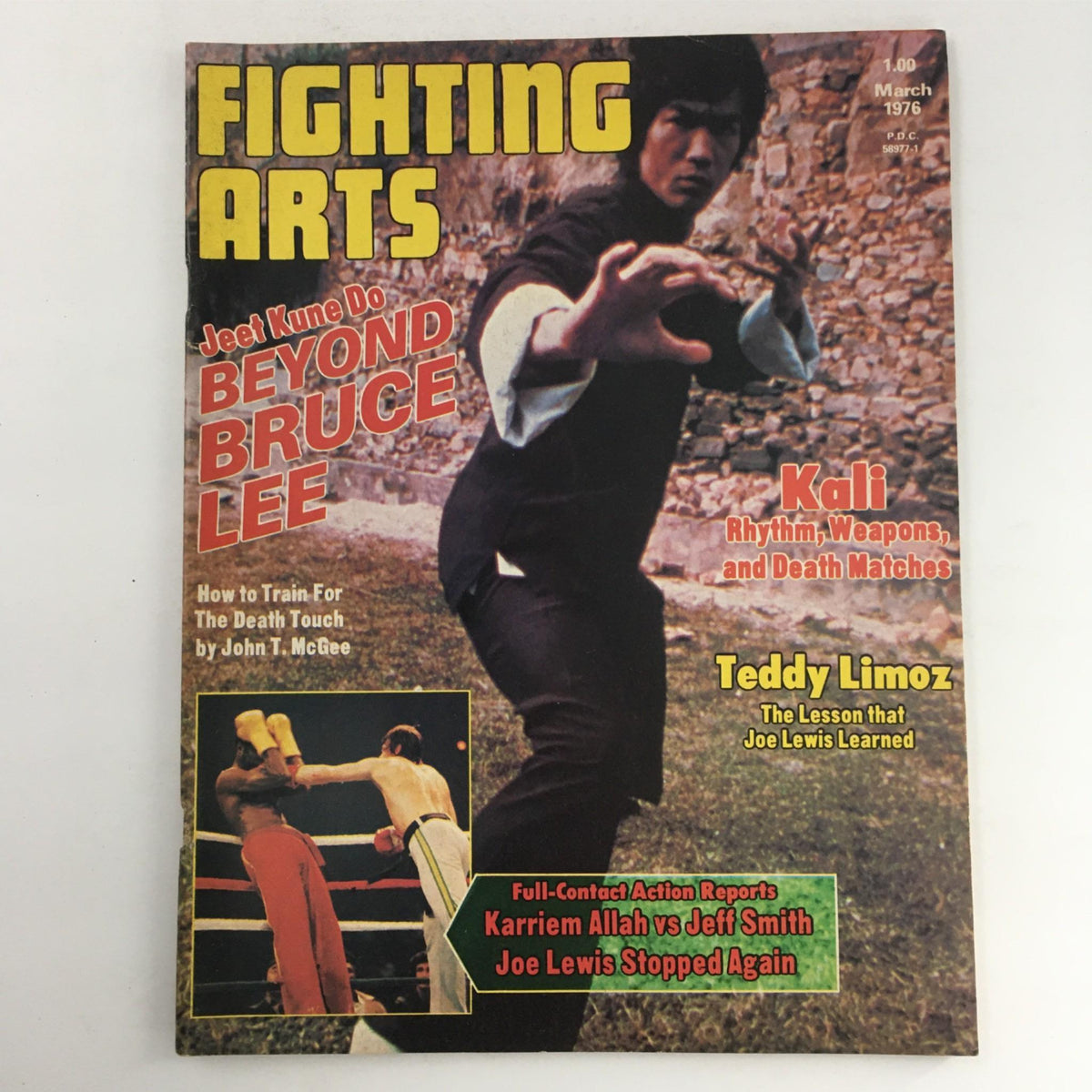 Cover of Fighting Arts Magazine March 1976 featuring the title 'Fighting Arts Jeet Kune Do Beyond Bruce Lee', showcasing martial arts themes and images of Bruce Lee.
