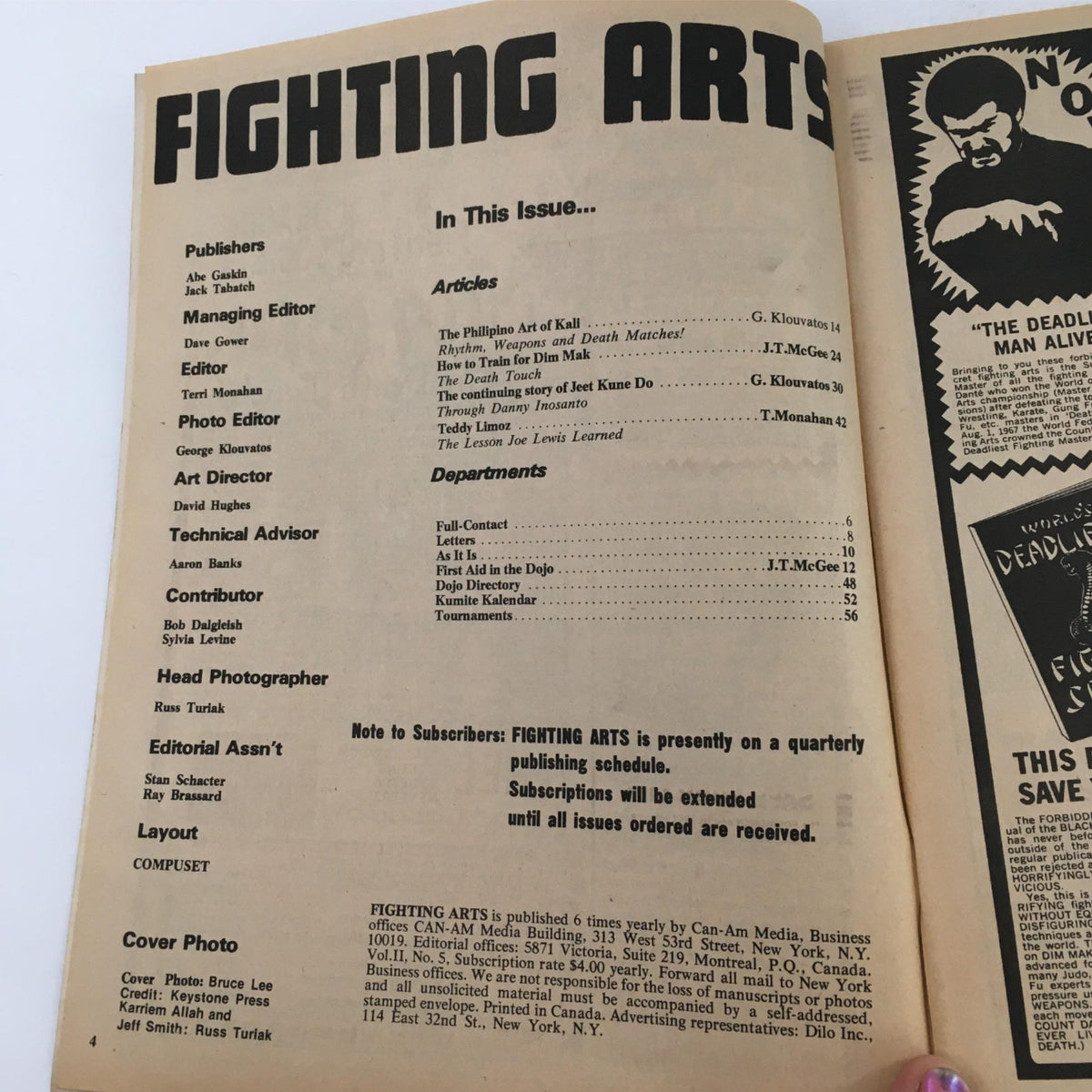 Inner page of Fighting Arts Magazine March 1976 detailing articles and contributors, highlighting martial arts content and the magazine's historical context.
