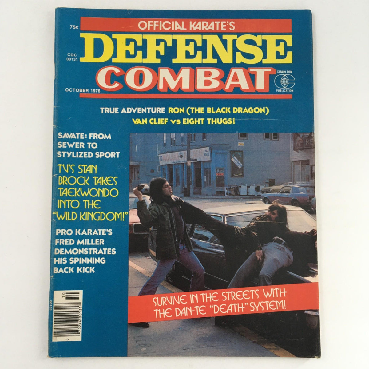Cover of Official Karate's Defense Combat Magazine - October 1976 featuring the title, articles on self-defense, and a dramatic street combat scene.