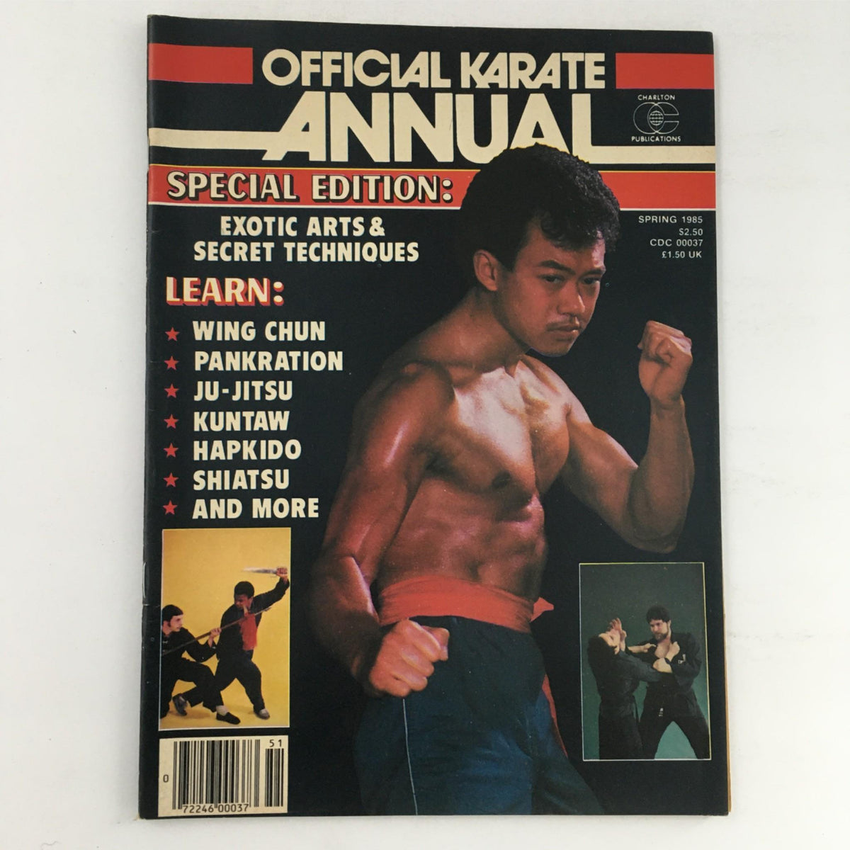 Cover of Official Karate Annual Magazine Special Edition Spring 1985 featuring martial artist demonstrating techniques. The magazine highlights learnings in Wing Chun, Pankration, Ju-Jitsu, and more.