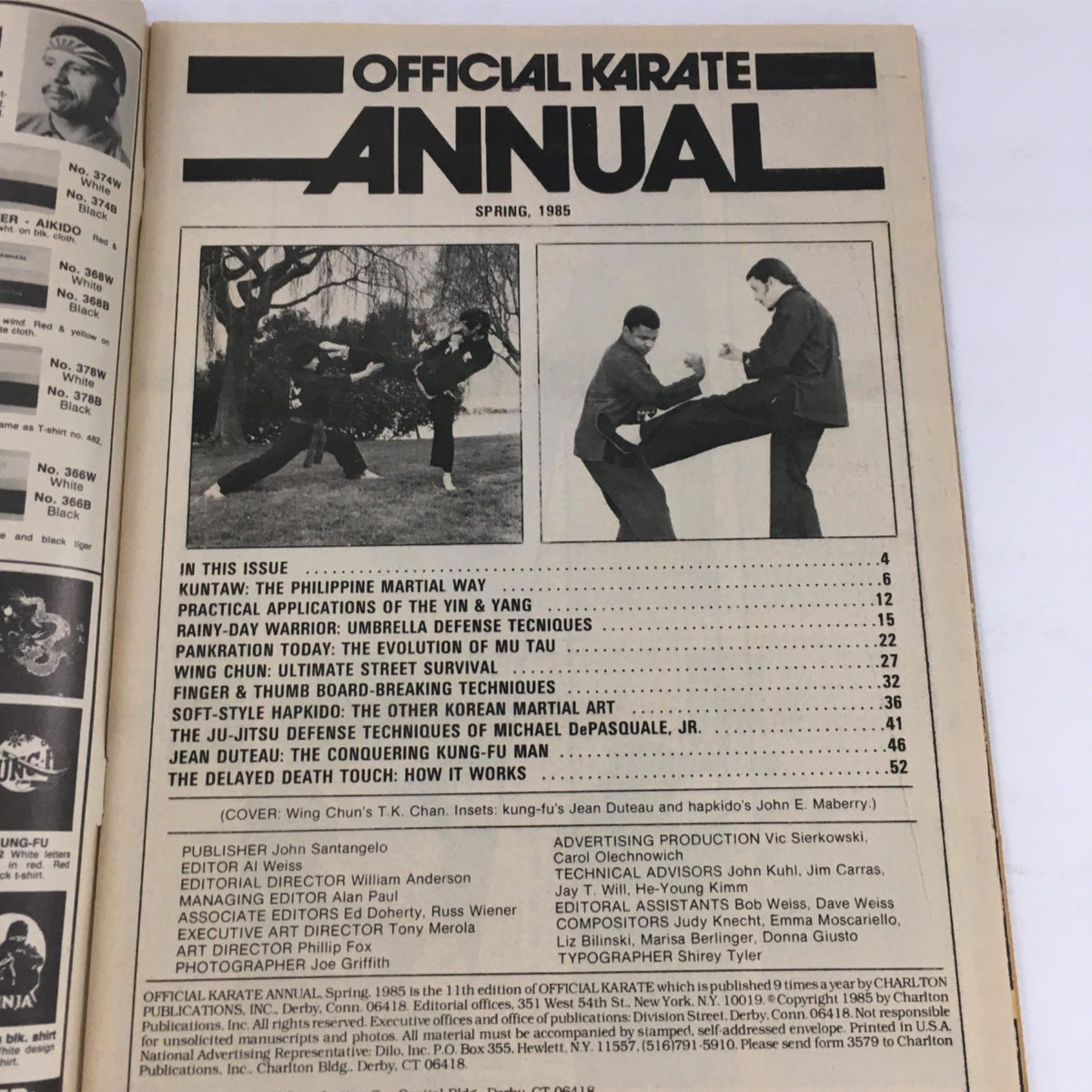Inside page of Official Karate Annual Magazine Special Edition Spring 1985 showcasing articles and illustrations related to martial arts disciplines including Kuntaw and Hapkido.