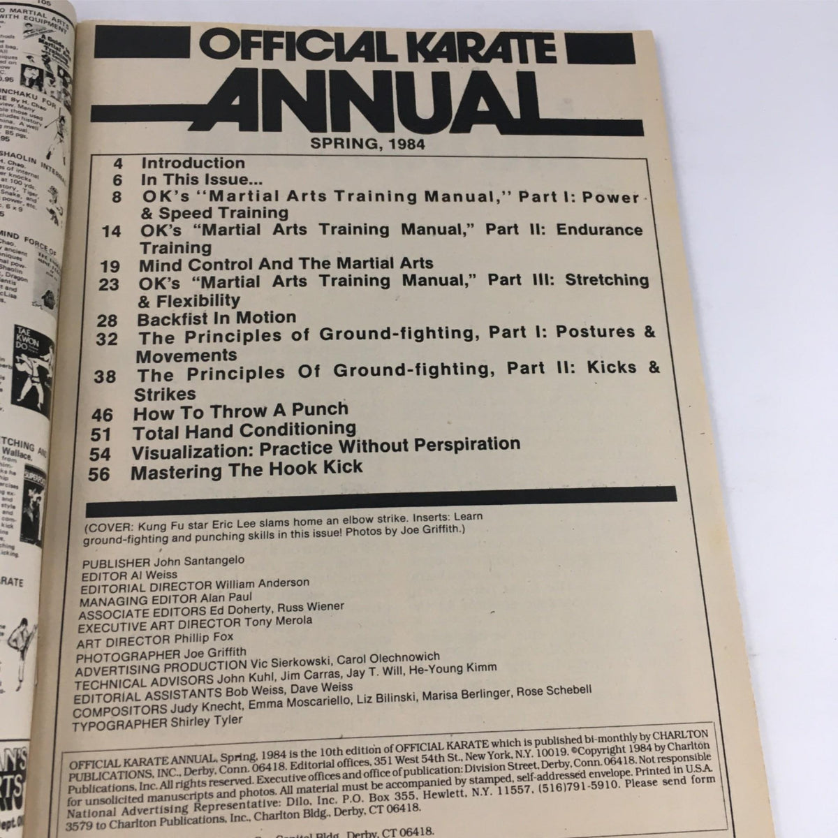 Inside view of the Official Karate Annual Magazine Special Edition Spring 1984, showcasing the table of contents with various martial arts topics and articles.