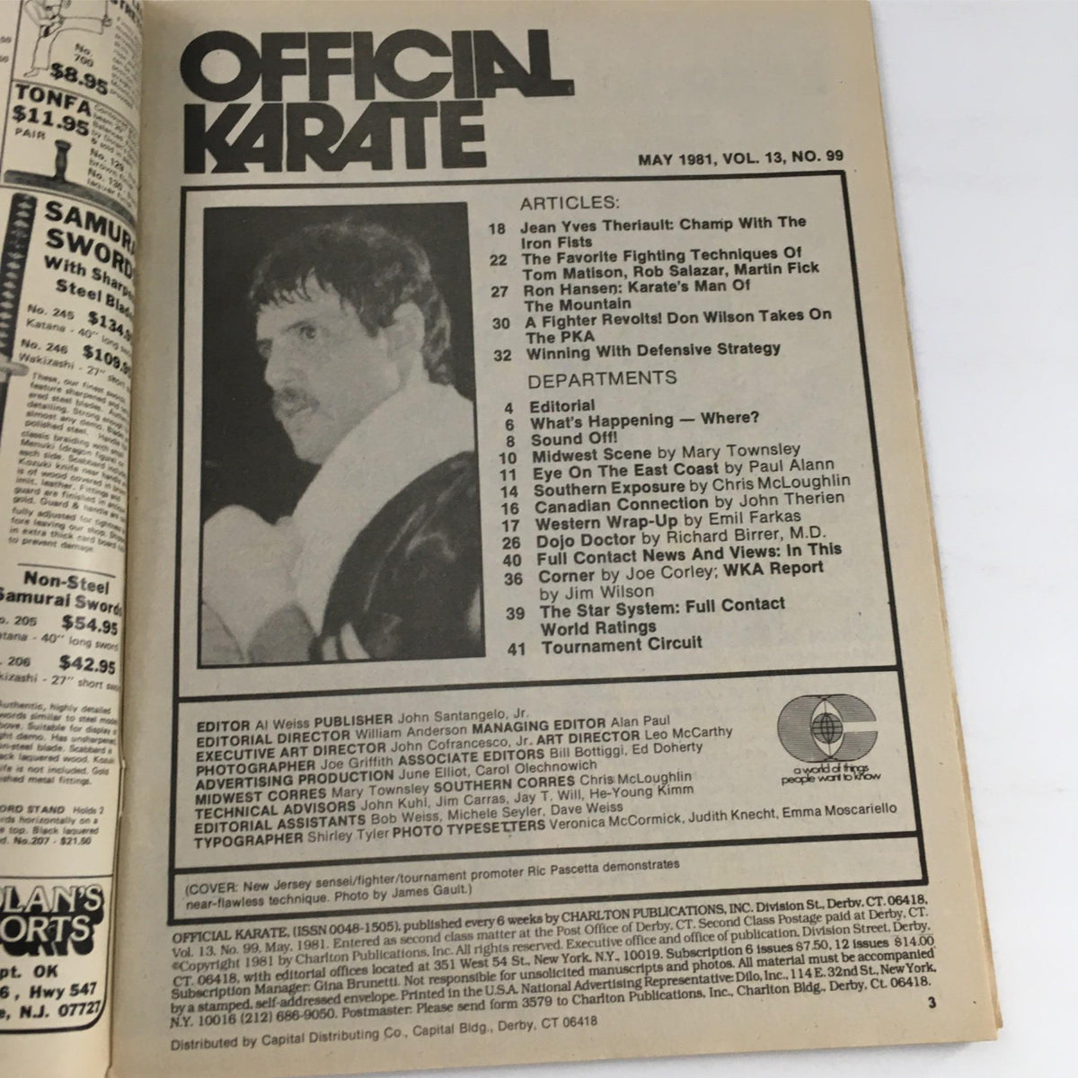Interior page of Official Karate Magazine May 1981, listing articles including Jean-Yves Theriault and Don Wilson, highlighting karate techniques and promotional content.