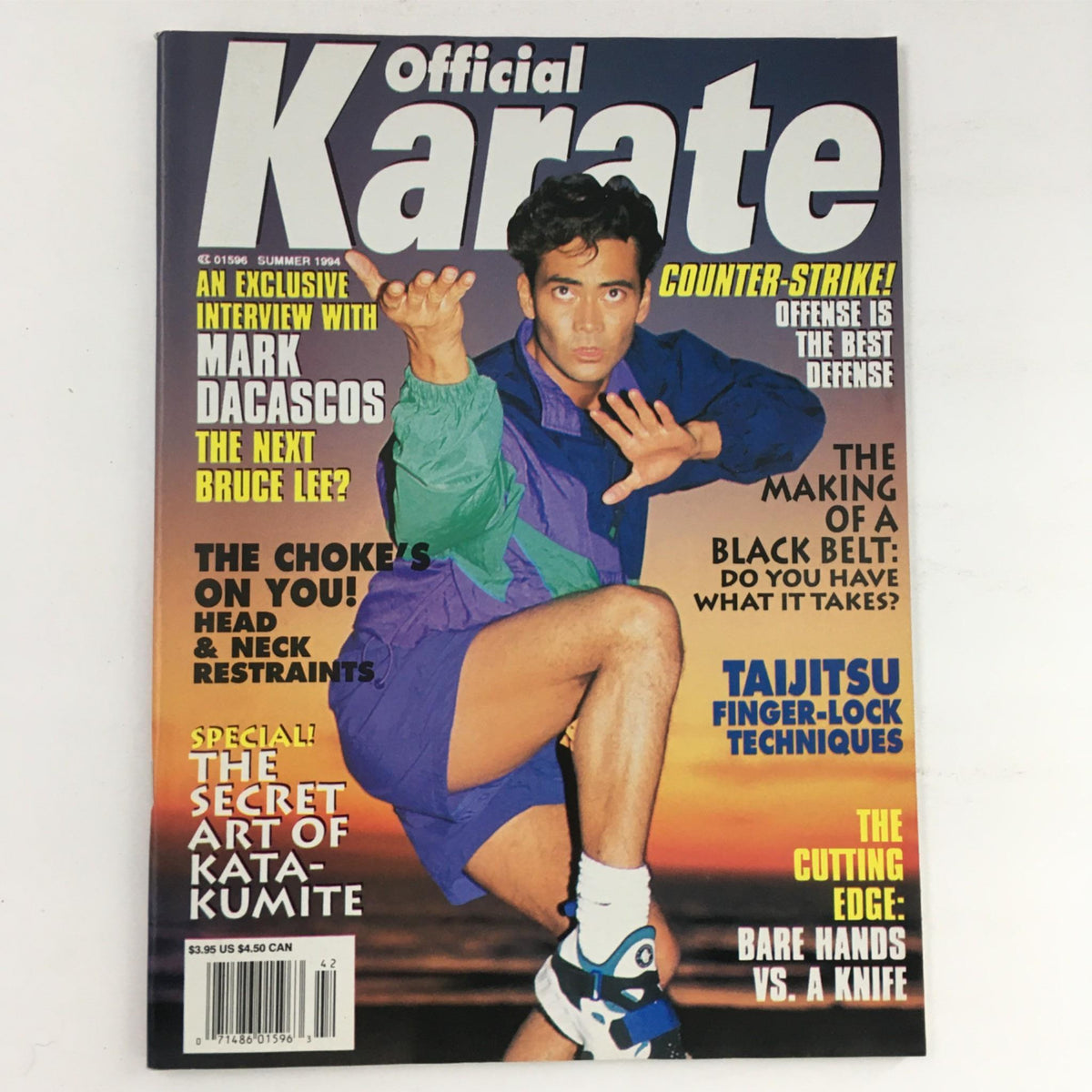 Cover of Official Karate Magazine Summer 1994 featuring Marc Dacascos. This vintage magazine showcases martial arts with articles, training tips, and insights from notable martial artists. It captures the essence of karate culture during the 1990s, making it a collectible item.