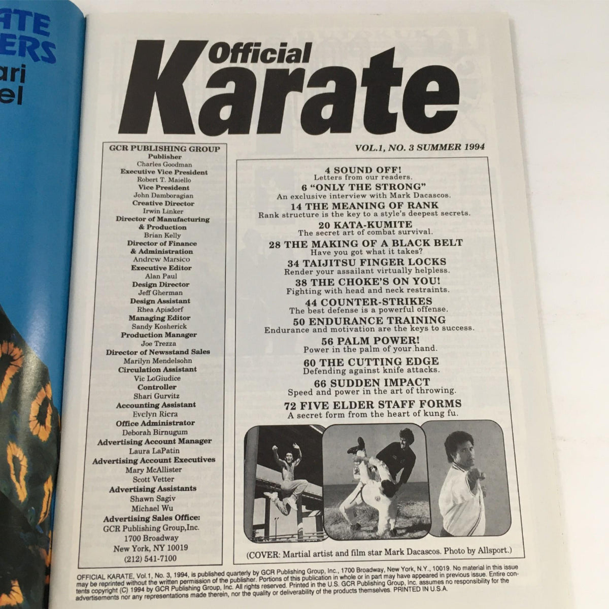 Interior page of the Official Karate Magazine Summer 1994 featuring an index and articles related to karate, highlighting contents such as 'The Making of A Black Belt,' and showcasing an image of martial artist Marc Dacascos, depicting the magazine's focus on karate training and culture.