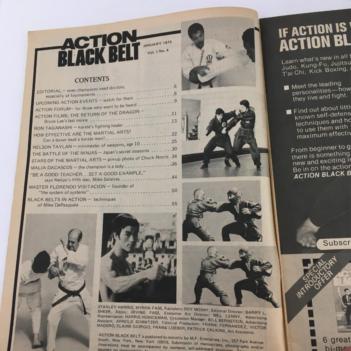 Contents page of Action Black Belt Magazine January 1975, detailing articles including martial arts techniques, an editorial, and features on prominent figures in martial arts such as Nelson Taylan, emphasizing the magazine's role in martial arts history.