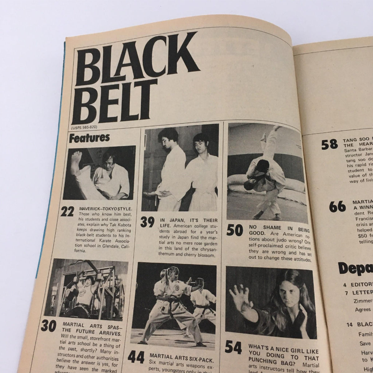 Inside page of Black Belt Magazine October 1979 displaying features on martial arts topics, including Tak Kubota, showcasing diverse insights and articles on martial arts techniques.