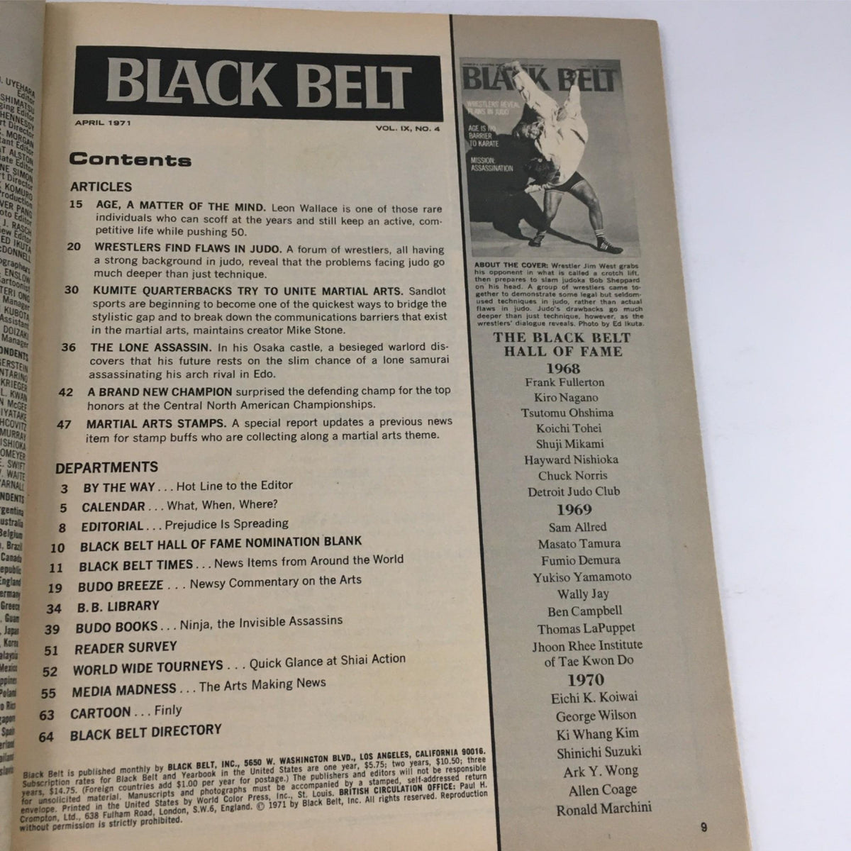 Contents page of Black Belt Magazine from April 1971 featuring articles on martial arts, including 'Wrestlers Find Flaws in Judo' by Jim West, and listings for various departments like Editorial and Reader Survey.