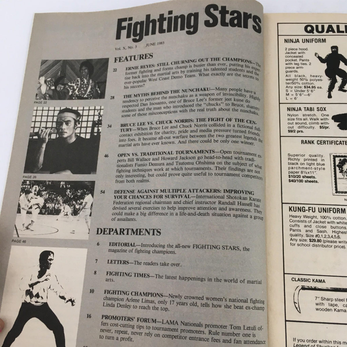 Interior page of Martial Arts Fighting Stars Magazine June 1983 showing features on Ernie Reyes, Bruce Lee vs. Chuck Norris, and tournament fighting.