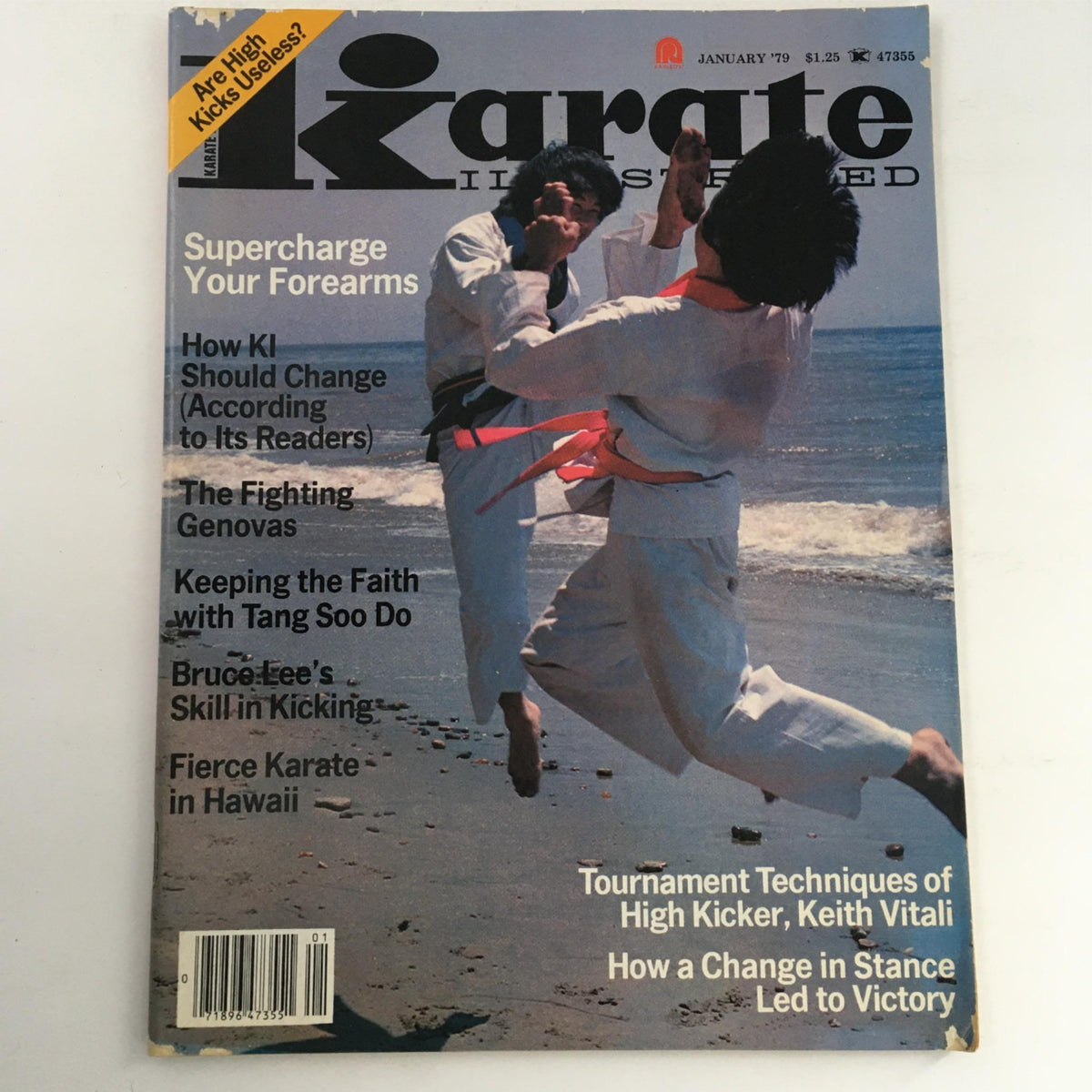 Cover of Karate Illustrated Magazine from January 1979 featuring Bruce Lee and Tang Soo Do showcasing the title and key articles such as 'Supercharge Your Forearms' and 'Bruce Lee's Skill in Kicking'.
