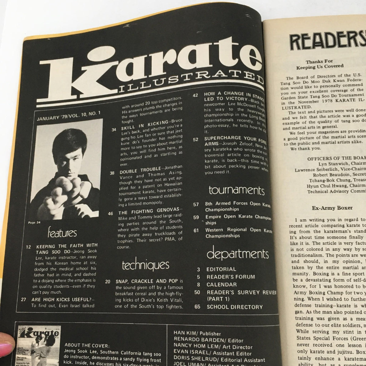 Contents page of Karate Illustrated Magazine January 1979, showcasing features and techniques related to karate and Tang Soo Do.