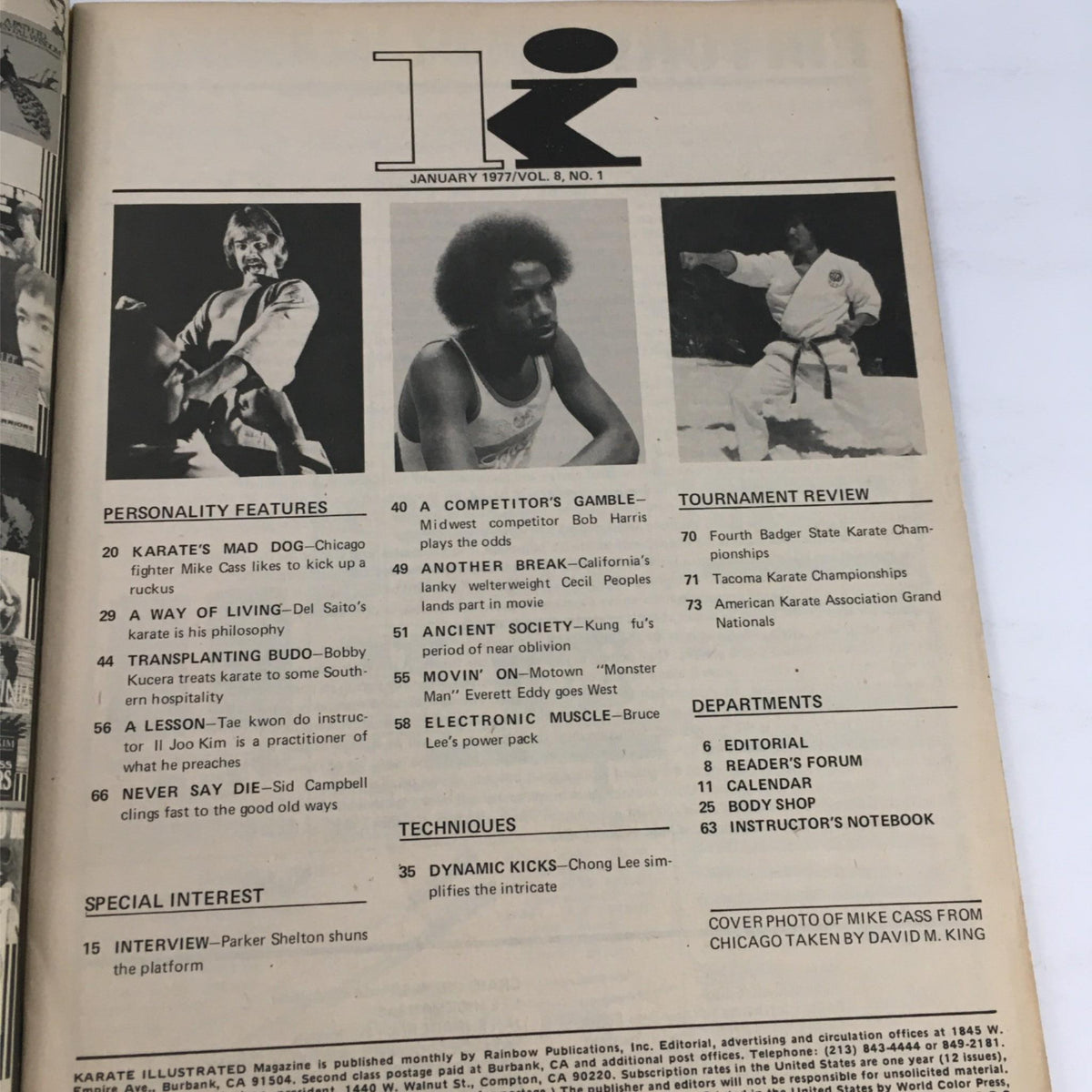 Contents page of Karate Illustrated Magazine January 1977, featuring articles on martial artists like Mike Cass and Chong Lee, showcasing topics such as personality features, techniques, and tournament reviews.