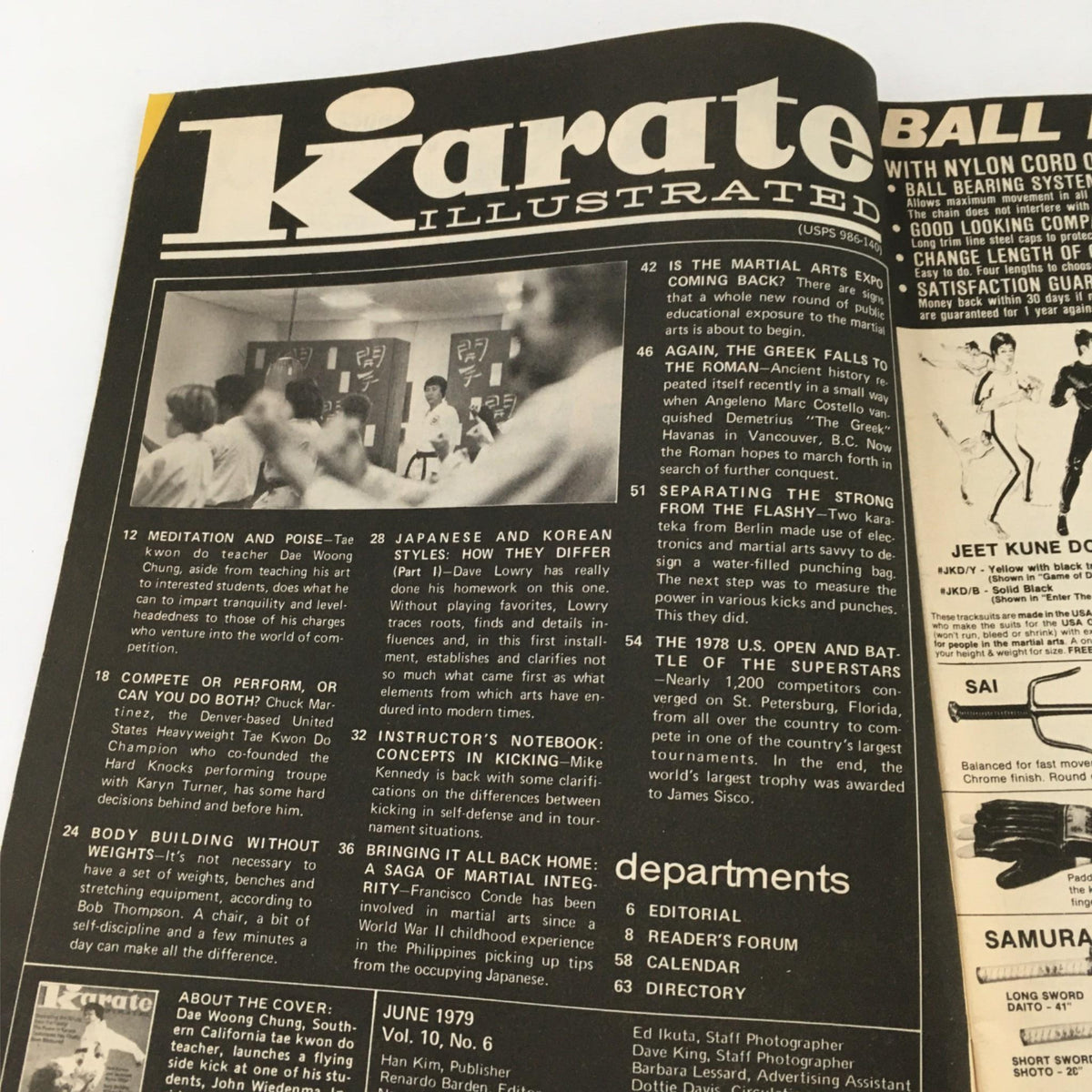 Inside page of Karate Illustrated Magazine June 1979 showcasing various articles, including a discussion on meditation, poise in martial arts, and differences between Japanese and Korean styles.