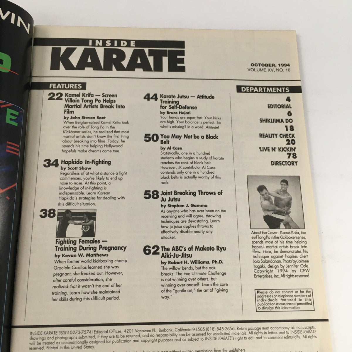 Table of contents from Inside Karate Magazine October 1994, listing featured articles including Kamel Krifa, hapkido in-fighting, and karate techniques.
