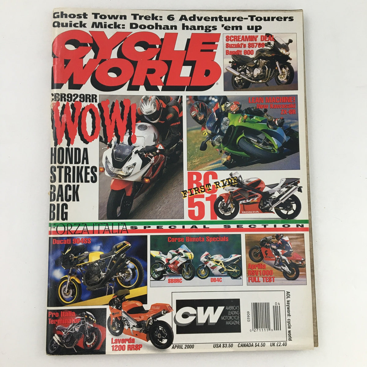 Cycle World Magazine April 2000 featuring Honda CBR929RR, showcasing motorcycles on the cover with vibrant graphics and engaging headlines.