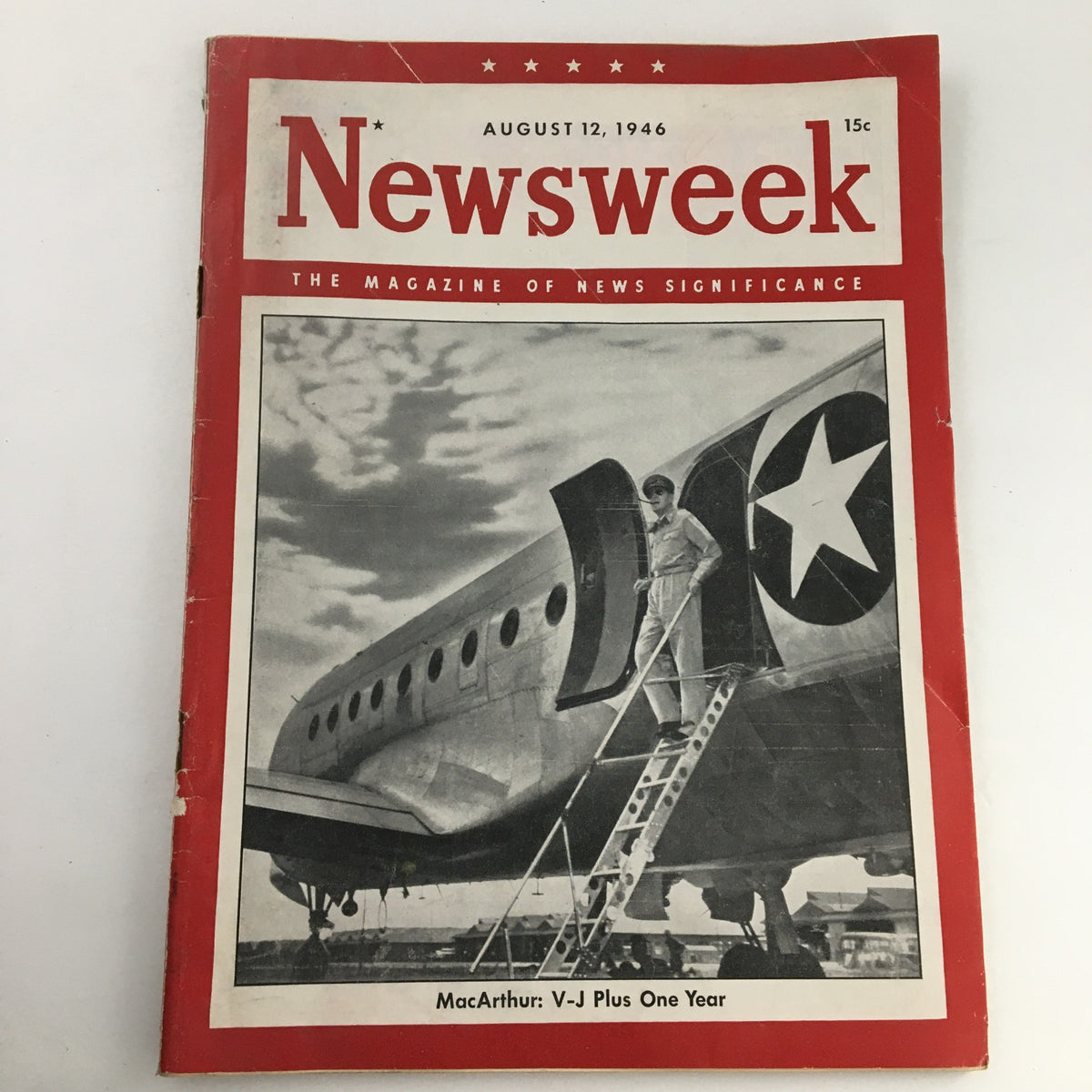 VTG Newsweek Magazine August 12 1946 featuring General MacArthur on the cover, highlighting Victory over Japan Day, in good condition with minor wear, ideal for collectors and history enthusiasts.